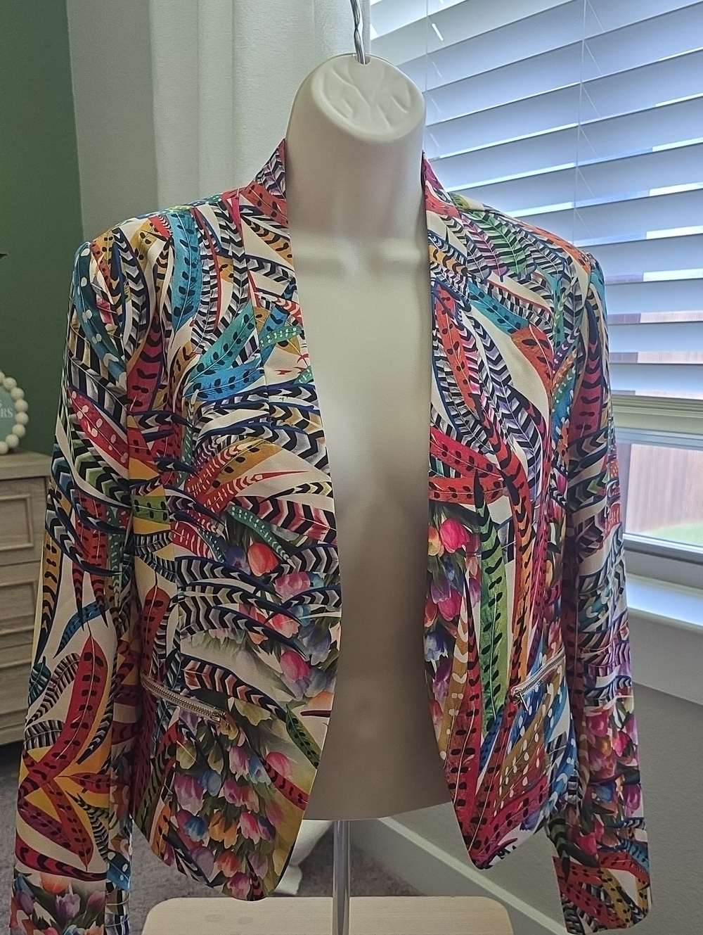 a'gaci Multicolor Feather-Print Open Front Blazer